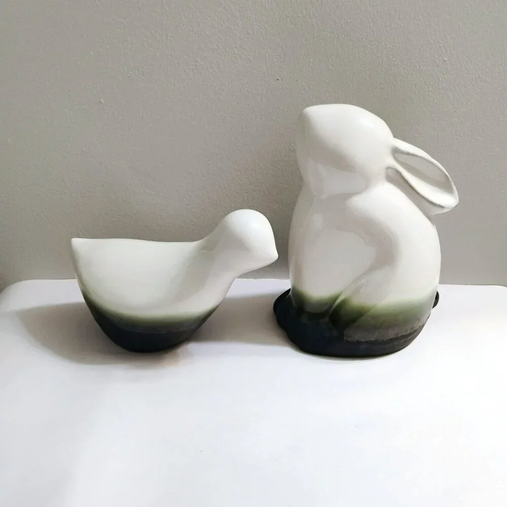 Pier 1 Green White Ceramic Bunny Bird Figurines Modern Sculpture Easter Spring
